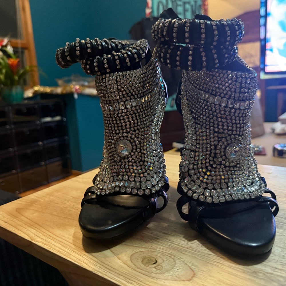 Elegant Black and Silver Crystal Embellished Heels
